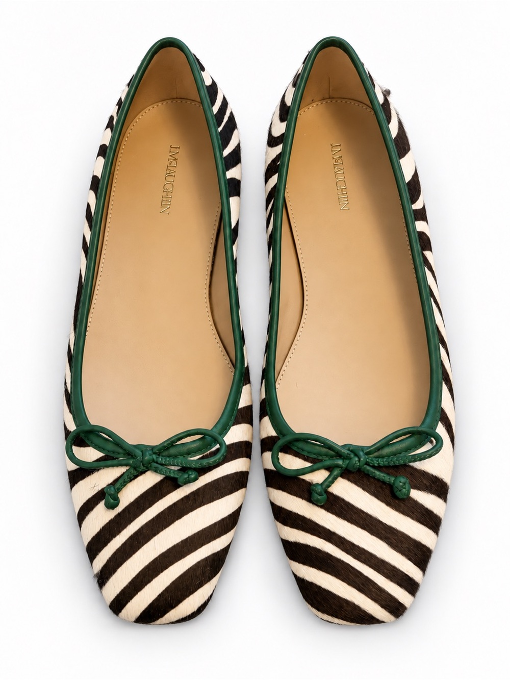 J. McLaughlin Black and White Zebra-Striped Ballet Flats with Green Trim